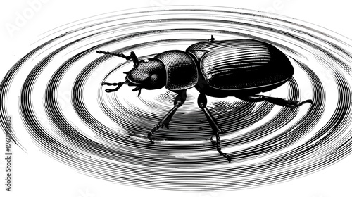 A stark black and white illustration of a beetle positioned in the center surrounded by concentric lines