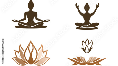 Collection of yoga poses and floral illustrations in brown tones against a white background