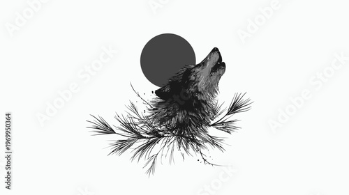 A grayscale illustration of a howling wolf with moon and pine needles