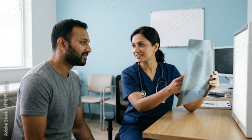 Indian female doctor explaining chest x-ray to male patient in medical office.