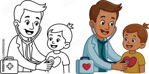 Pediatrician Doctor Examining Child with Stethoscope Vector Cartoon Illustration