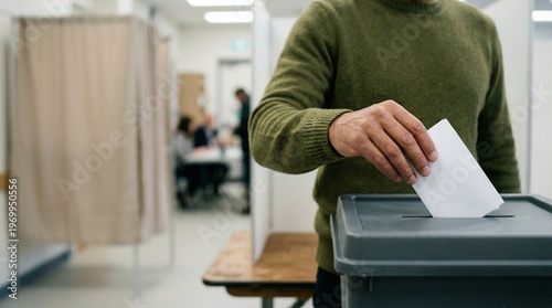 Man casting his vote into a ballot box at a polling station during an election.