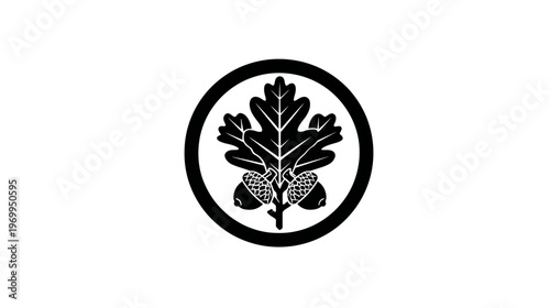 A monochrome illustration of a stylised leaf with two acorns enclosed within a black circle on a white backdrop