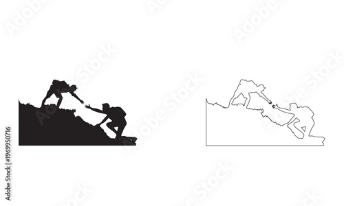 Hikers Helping Each Other Reach Mountain icon. Silhouette illustration of two hikers assisting each other on a mountain peak, symbolizing teamwork, support, trust, and achieving goals together.