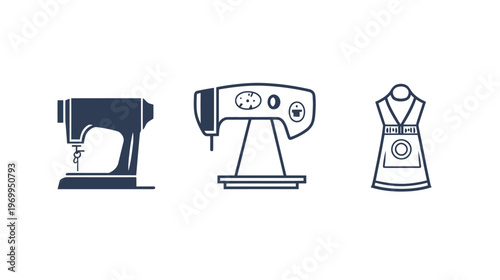 Simplified graphic of sewing machines and a kitchen apron on a white background