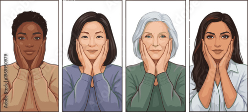 Isolated a realistic kinds of deferent woman with her hands on both cheeks vector art with white background.