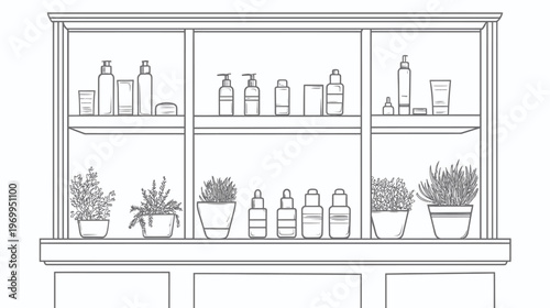 Black and white illustration of a bathroom cabinet with shelves