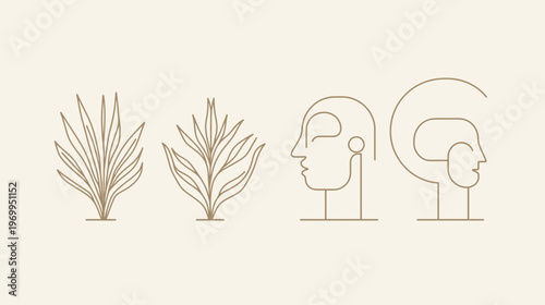 Minimalist line art illustration featuring stylized plant life and abstract human faces