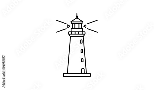 Lighthouse outline icon with light beam minimal black line art vector illustration