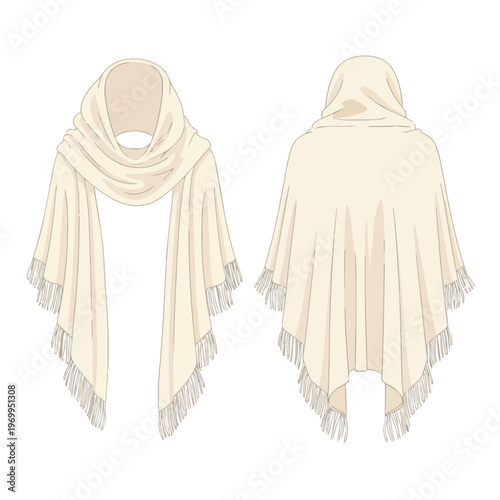 Beige Hooded Poncho Scarf with Fringes Flat Fashion Sketch