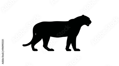 A black silhouette of a large feline. It stands sideways on a plain white background