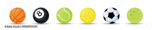 Sports balls, flat vector illustration of diverse game equipment