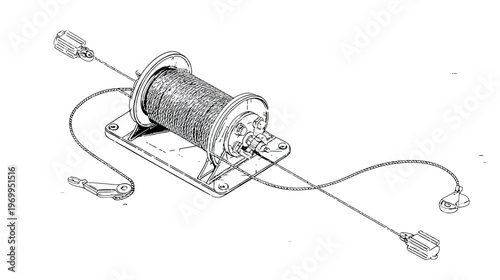 Detailed black and white illustration of a cable winch on a white background. Isolated