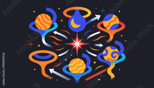 A vibrant vector graphic illustration of planets and celestial bodies orbiting around a bright star