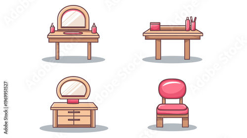 Four illustrations of a cartoon bedroom set vanity tables with mirrors, a small desk, and a chair