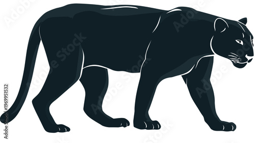A black animal, depicted with artistic lines, walking forward on a white background