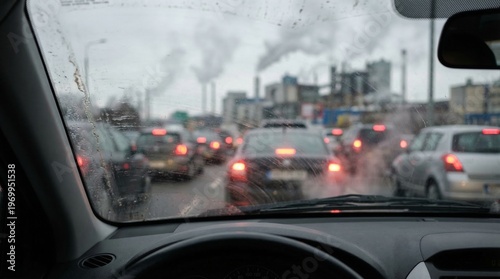 Schilderij op canvas Heavy city traffic jam with cars producing thick smog and exhaust air pollution