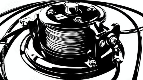 A detailed black and white illustration of a mechanical spool winding a cable