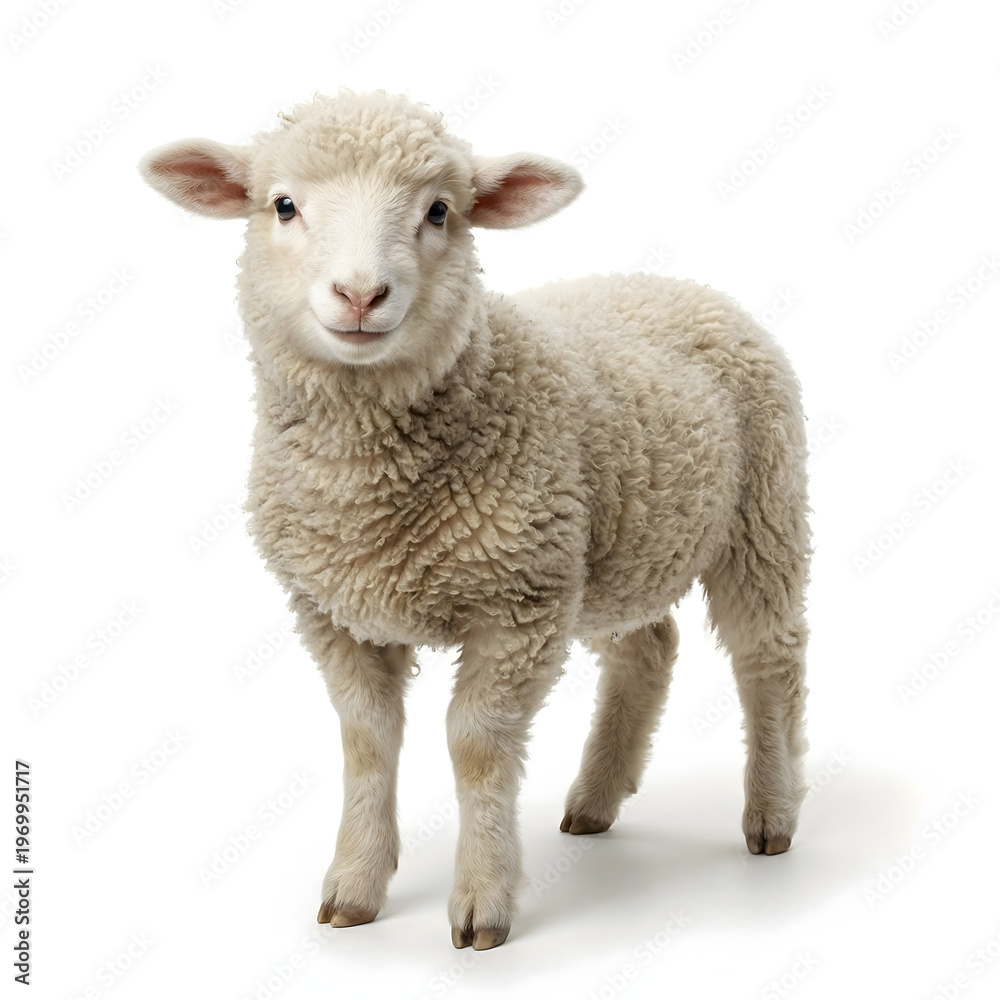 Obraz premium A delightful close-up of a young, fluffy sheep standing upright against a pure white background, showcasing its innocent expression and soft wool