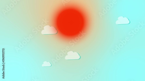 Stylized red sun and white clouds against gradient sky. Sun icon represents celestial bodies and atmospheric imagery. Sun icon enhances visuals.