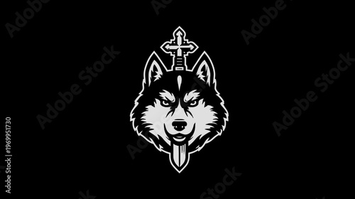 A stylized black and white illustration of a wolf head wearing a stylized cross