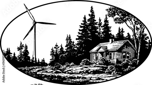 A black and white illustration of a house with a wind turbine and natural surroundings