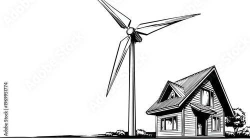 Simple black and white illustration of a house next to a wind turbine for renewable energy