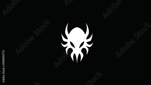 A stark white emblem, resembling a stylized skull with horns and tendrils, against a deep black backdrop