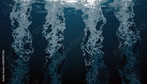 An underwater scene with sunlight shining through the wavy surface of the ocean water