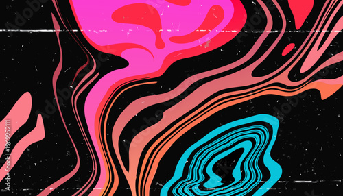 A vibrant abstract vector graphic with swirling pink, orange, and blue lines on a black background