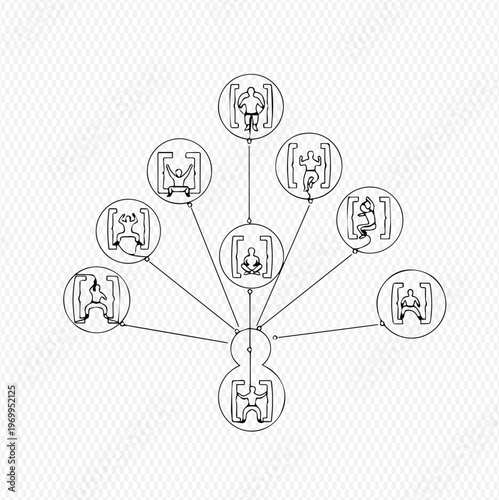 Abstract illustration of a hierarchical network or system with connected nodes and symbols, representing data organization or a conceptual structure.