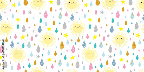 
Childrens cute seamless pattern. Fun mood, environment. Smiling sun and colorful raindrops. For textiles, packaging, wallpapers, backgrounds or websites. Cartoon vector design.