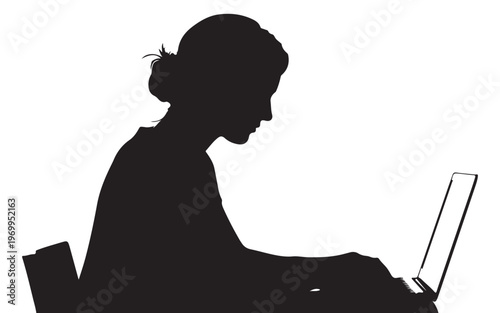 Silhouette of woman using laptop, black office worker icon, computer user profile, businesswoman avatar