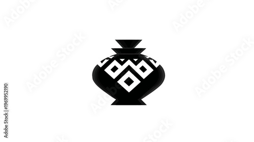 A stylized black vase with geometric white diamond patterns on a white background