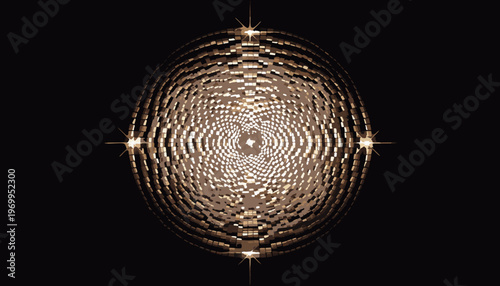 A shiny disco ball with bright lights reflecting off its surface against a dark background