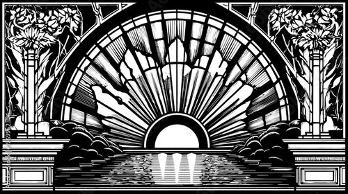 Black and white illustration of Art Deco style featuring a sunset over water with architectural elements