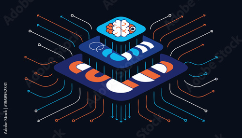 A vector graphic illustration of a brain with magnetic fields and circuit lines representing artificial intelligence and technology
