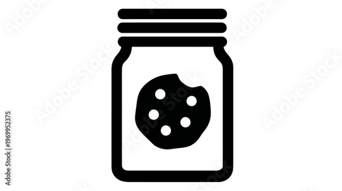 Black and white icon of a jar with a cookie inside that has a bite taken out of it