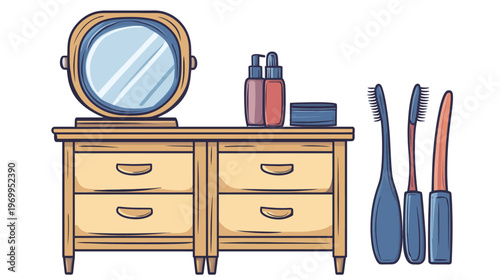 Cartoon illustration featuring a vanity with a mirror, toiletries, and toothbrushes. Minimalist and stylized