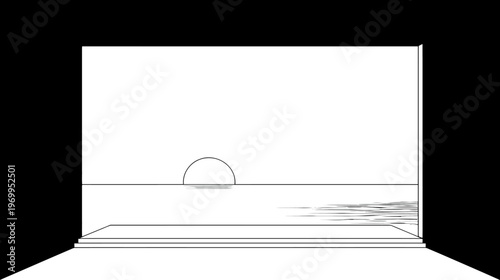 A stark, monochrome landscape depicts a sunset, water, and implied foreground in simple line art