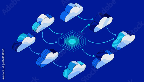 A vector graphic illustration of cloud computing and data transfer in a modern, flat design style