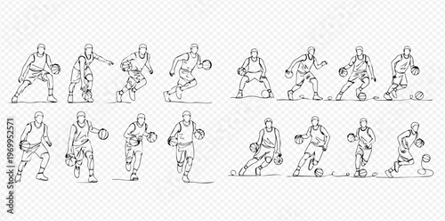 Set of basketball players in various dribbling poses, continuous line art illustration.