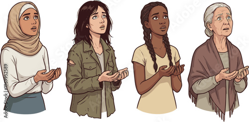 Isolated a realistic kinds of deferent woman begging with her eyes looking up. vector art with white background.