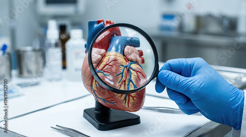 Medical researcher analyzing anatomical heart model with magnifying glass in modern laboratory setting, showing focused dedication to discovering cardiovascular treatments and health solutions