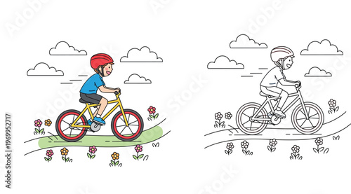 Cute boy riding a bicycle in nature. Color vector illustration and black and white line art coloring book page for kids.