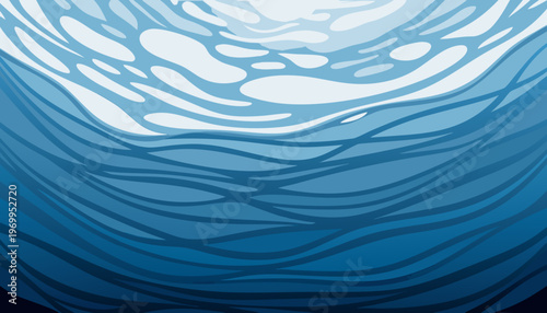 A vector graphic illustration of a stylized water surface with wavy lines and a gradient of blue hues