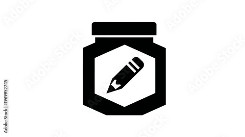 A stylized black and white icon depicting a jar-like shape containing a pencil illustration