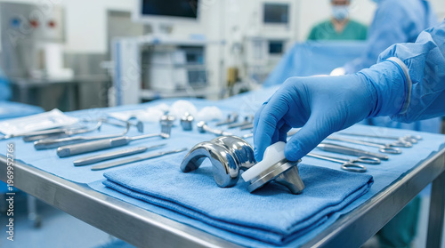 Focused surgeon hand in blue glove carefully holding metal knee implant near sterile surgical instrument on table inside bright modern operating room during complex medical surgery procedure