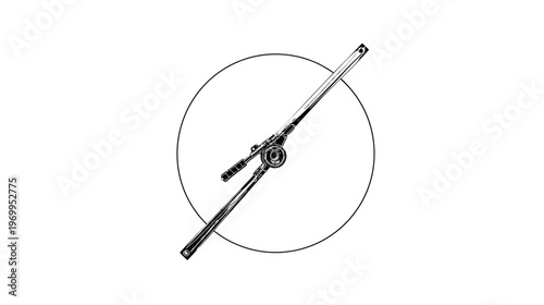 A mechanical device centered in a circle, appears industrial and technical. Geometric pattern