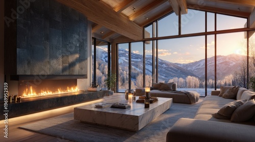 ultra-realistic wide-angle interior photography of an ultra-luxury modern mountain living room at golden hour, full panoramic view of the entire space
